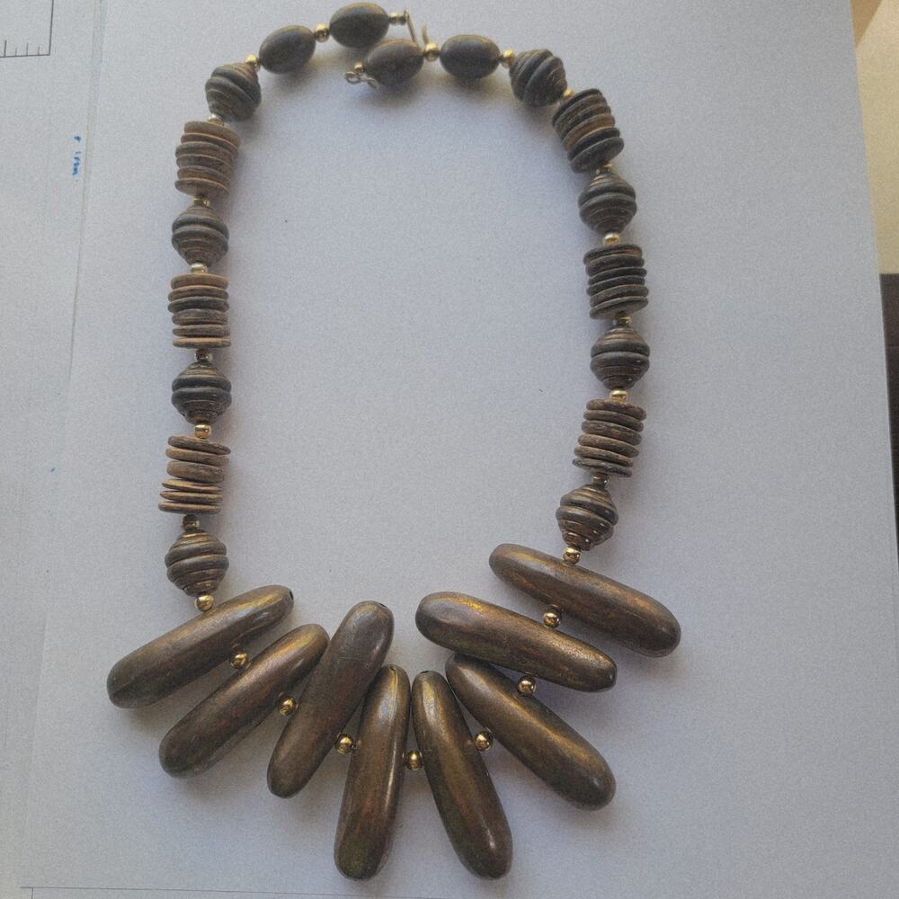 Vintage Necklace Wood Bead Statement Bib With Gold Tone Spacers Boho Chic Tribal